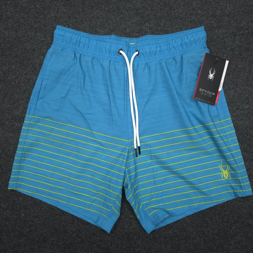 Spyder Mens Small Blue‎ Drawstring Green Stripes Surf Swim Trunk Shorts NEW